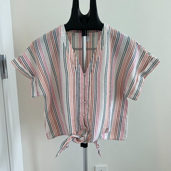 EUC Women's Gap Tie-Front Top, multi color stripe, linen blend - medium - Picture 3 of 7
